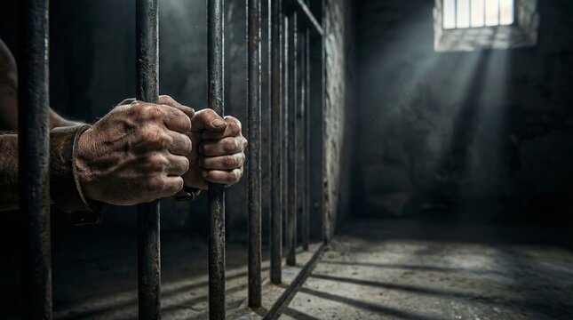 Judiciary justice for prisoner captured in cinematic prison environment dramatic light intense atmosphere