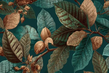 Botanical illustration showcasing an arrangement of leaves, seed pods, and branches in varying tones