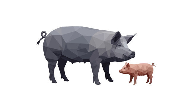 A Low Poly Silhouette of Berkshire Pig and Piglet from English Countryside Farm. transparent.