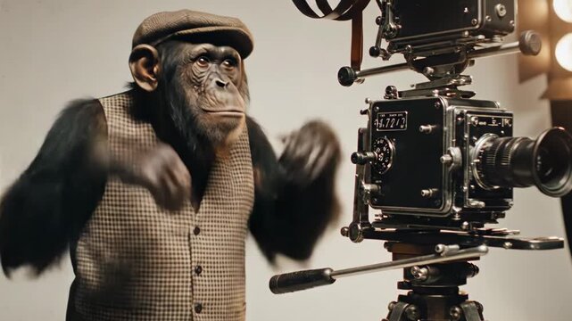 Funny chimpanzee dressed in vintage vest and cap operating an antique film camera. Humorous concept of a monkey director or filmmaker working on a movie set with expressive gestures.