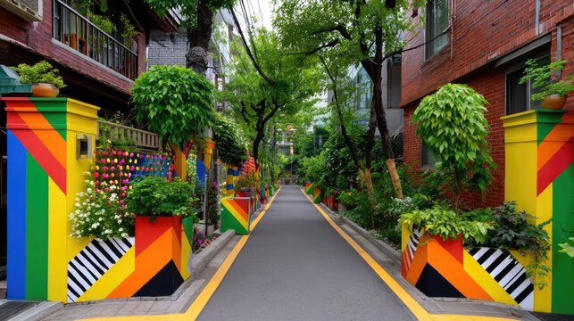 Vibrant Urban Passageway with Colorful Planters and Lush Greenery in a Modern City Landscape, Capturing the Essence of Urban Art and Nature