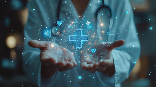 Digital healthcare symbol emerging from hands in a medical setting
