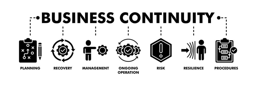 Business continuity plan banner web glyph vector illustration concept for creating a system of prevention and recovery with an icon of management, ongoing operation, risk, resilience and procedures