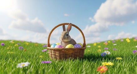 A bunny sits in a basket of Easter eggs in a sunny field of flowers and grass