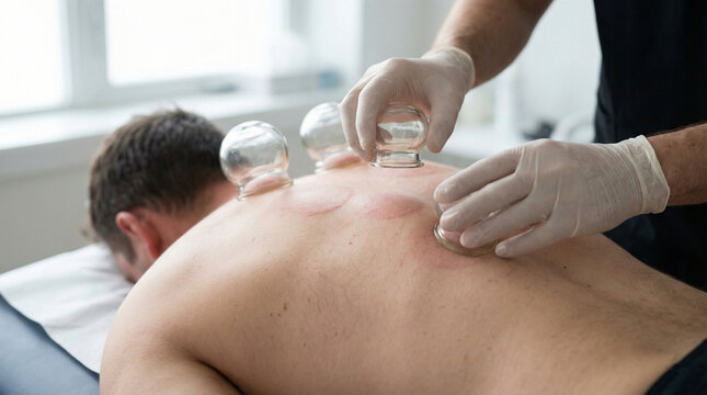Cupping therapy on upper back muscles in rehabilitation clinic, faceless