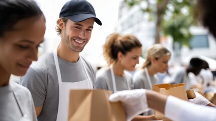 Smiling young man volunteering at food distribution event with others  