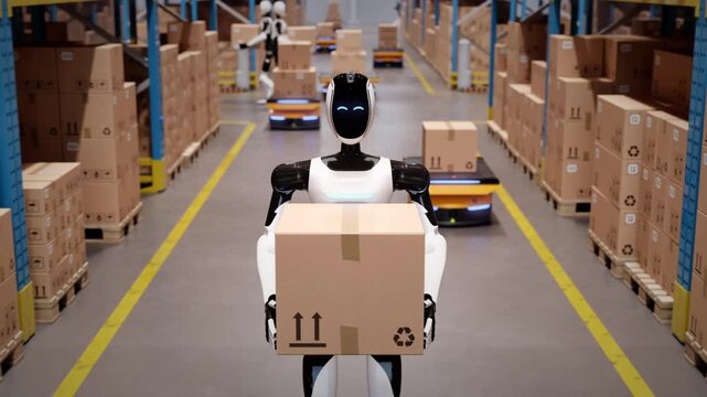 Orbit around AI-powered humanoid robot walking along aisle in automated distribution center carrying a cardboard box. Future of industrial warehouse automation and AI robotics. 3d animation rendering