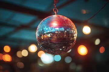 Close-up of a glittering ball suspended with colorful bokeh from hanging lights