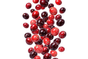 Fresh cranberries falling, vibrant red ripe fruit. Healthy organic berries dropping with transparent background