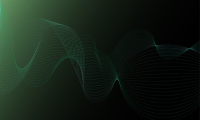 Smooth flowing abstract background featuring dynamic green wave lines on a dark or gradient backdrop. Ideal for digital designs, presentations, banners, technology visuals, and futuristic themes