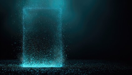 Glowing ethereal rectangular structure emitting particles, dark blue ambiance