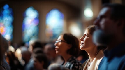 Fototapeta premium Diverse audience listening attentively in church with stained glass windows 