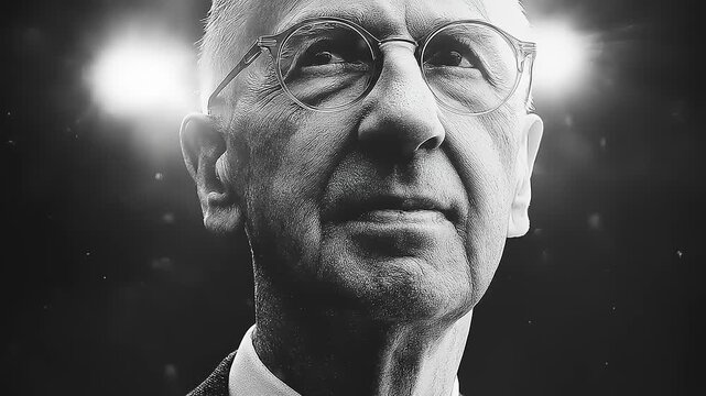 A Profound gaze of an adult man with vision enhancement with Bright illumination and deep shadows showcasing contemplation and wisdom through black and white