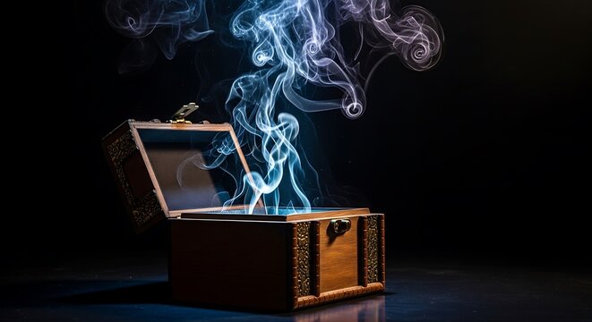 Open treasure chest releasing mystical blue and purple smoke against a dark background.
