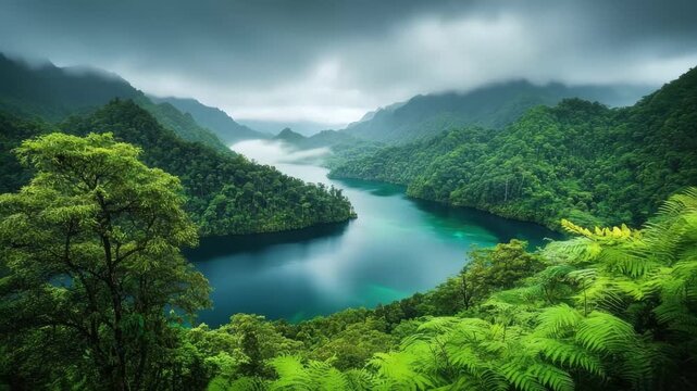 Emerald Embrace: A breathtaking vista unfolds, where a serene lake nestles amidst verdant mountains, under a sky brushed with clouds. 