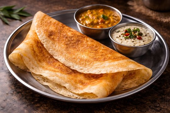 Crisp folded dosa with chutney and sambar.