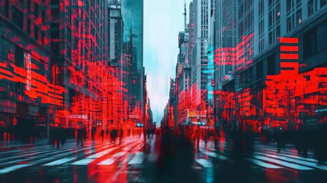 Cityscape in Red: A dynamic perspective of an urban metropolis unfolds, with streets ablaze in the vibrant glow of red lights. The scene captures the energy and pulse of city life.