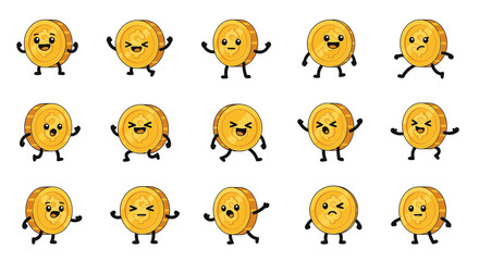 Fototapeta premium Cartoon coins with various facial expressions and poses on white background 