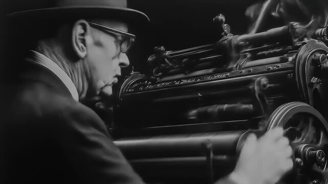 Contemplative printmaker deeply absorbed in the detailed mechanics of his printing press machinery and mechanism
