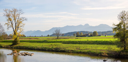 view from Mangfall riverside to bavarian alps with wendelstein mountain in autumn
