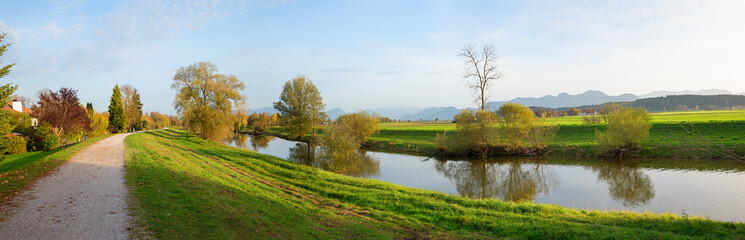 idyllic bike route along Mangfall river, Hinrichssegen towards Bad Aibling, autumn in bavaria