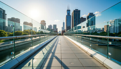 Fototapeta premium Urban bridge with glass railings leading towards city skyline at sunset 