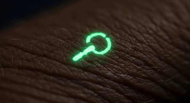 Biohacker monitoring subdermal implant signal through glowing skin interface.
