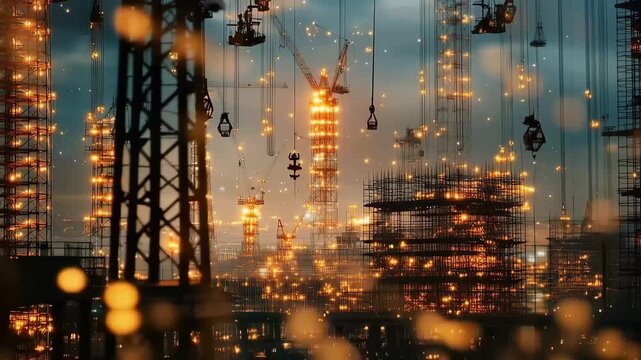 Construction Site at Twilight: The urban landscape transforms as twilight descends, with construction cranes silhouetted against a backdrop of illuminated structures.