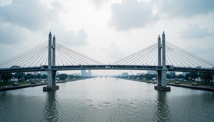 Obraz premium Cable-stayed bridge over river under cloudy skies in urban setting 