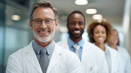 Obraz premium Multicultural Group of Doctors Smiling Together in a Hospital Environment, Promoting Unity and Health Care Excellence