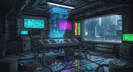 Interior scene depicts a cluttered, dimly lit futuristic control room overlooking a dense metropolitan cityscape