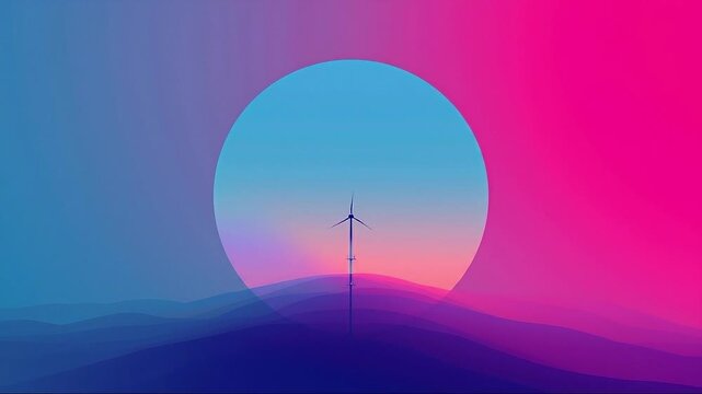 Wind turbine renewable energy gradient sky sunset landscape minimal art pastel color blue pink circular shape clean power mountain silhouette serene wind turbine gradient sky blue circle pink horizon