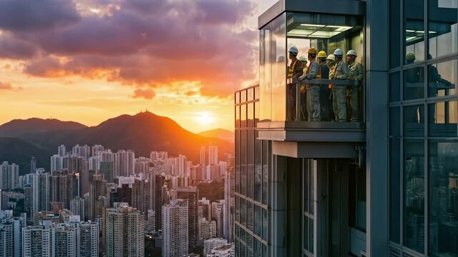 Construction Workers in Glass Elevator Ascending City at Sunset