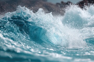 Close-up of a dynamic ocean wave, capturing its foamy crest and azure water