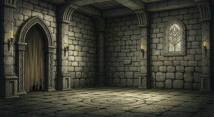 Ancient stone chamber illuminated by dim light sources creates a mysterious atmosphere