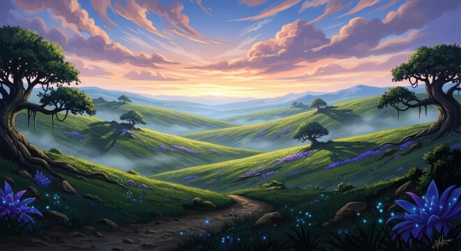 Lush rolling green hills are illuminated by soft sunset light under a dramatic sky