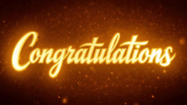 Animated golden 3D text Congratulations transitions to bright neon glow on a sparkling dark background