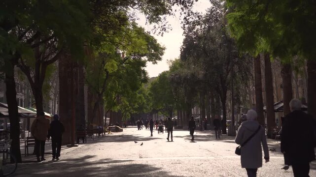 Barcelona, Spain - 10-02-2026: people walking in the Rambla del Raval street in the city center neighborhood during a spring sunny day
