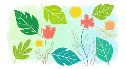 A spring summer card with abstract leaves, plants, flowers crayone art