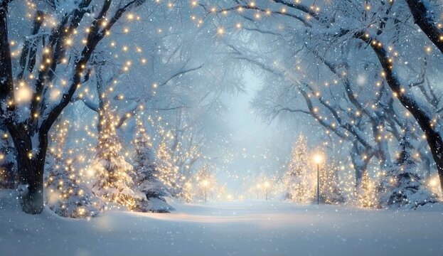 Magical Winter Wonderland with Twinkling Lights and Snow-Covered Trees