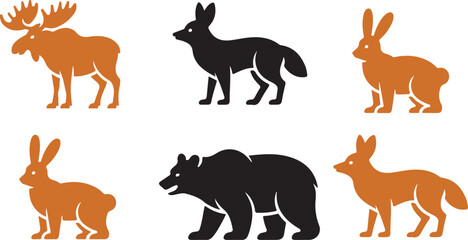 Fototapeta premium Stylized animal silhouettes portray a majestic moose, cunning fox, nimble rabbit, and powerful bear