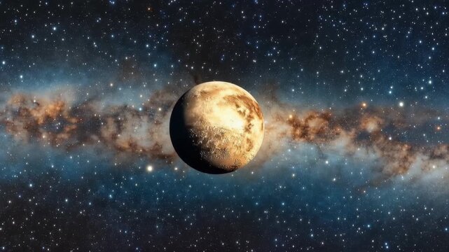 Distant Celestial Sphere: A breathtaking view of the Pluto planet, set against the backdrop of the cosmic realm, and stellar universe, showcasing its unique form and intricate surface. 