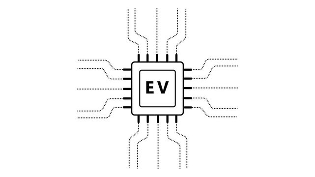 Black outline square microchip with eight pins and dotted lines extending outwards on a white background