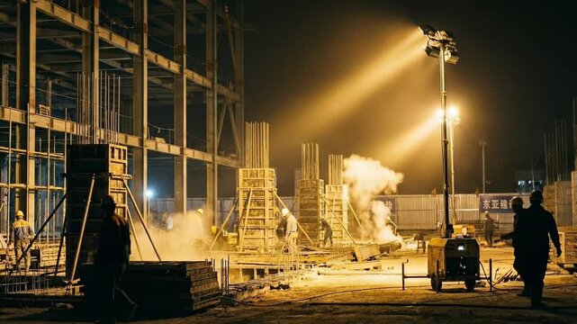 Night Shift: Workers Building a Modern Structure Under Bright Lights