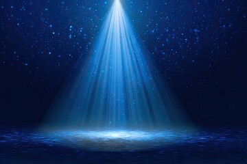 Blue image showing a bright spotlight, emanating from above and illuminating a misty surface