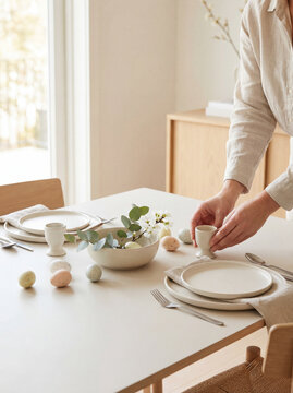 Modern Easter brunch table setting with plates, cutlery, linen napkins and pastel eggs. Hands arranging food suggest home hosting, family gathering and spring celebration