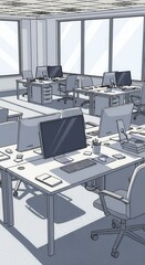 Contemporary open plan office workspace rendered in monochromatic line art style