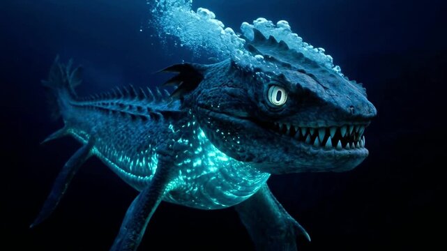 CGI deepsea creature with bioluminescence and sharp teeth swims in dark ocean abyss zoom to closeup