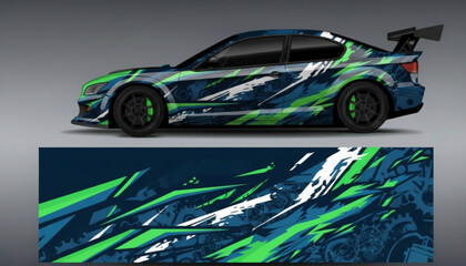 Dynamic sports car with an aggressive blue and green abstract vinyl wrap design. © DB stock