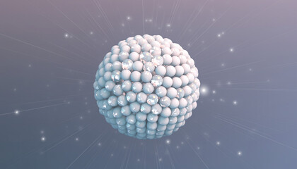 A 3D rendering of a sphere composed of smaller spheres, surrounded by a network of glowing nodes and lines, set against a gradient blue background from a front viewpoint